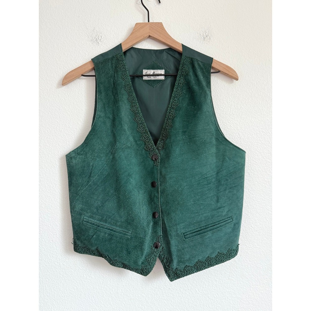 Jeri Marque Forest Green Suede Leather Waistcoat Vest Lace Trim Bohemian S